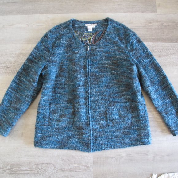 VINTAGE - WINTER SILKS - Silk Wool Blend Turquoise Full Zip Cardigan - Picture 11 of 12